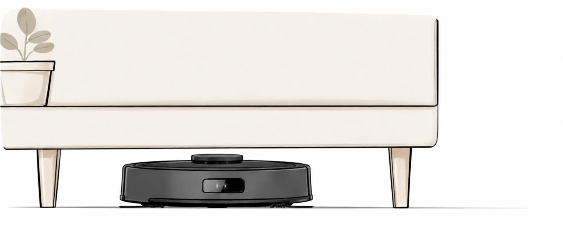 Niedriges Sideboard mit einem Saugroboter darunter als interaktives Bild mit H&ouml;henslider
